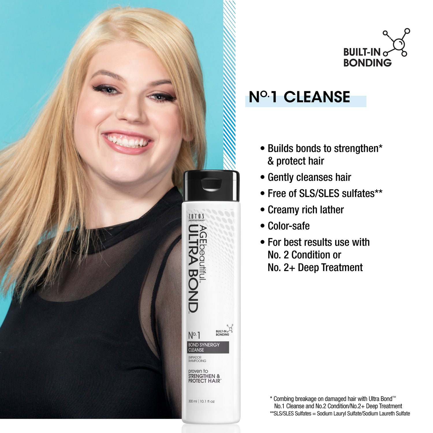 AGEbeautiful Ultra Bond no 1 cleanse builds bonds to strengthen and protect hair. 