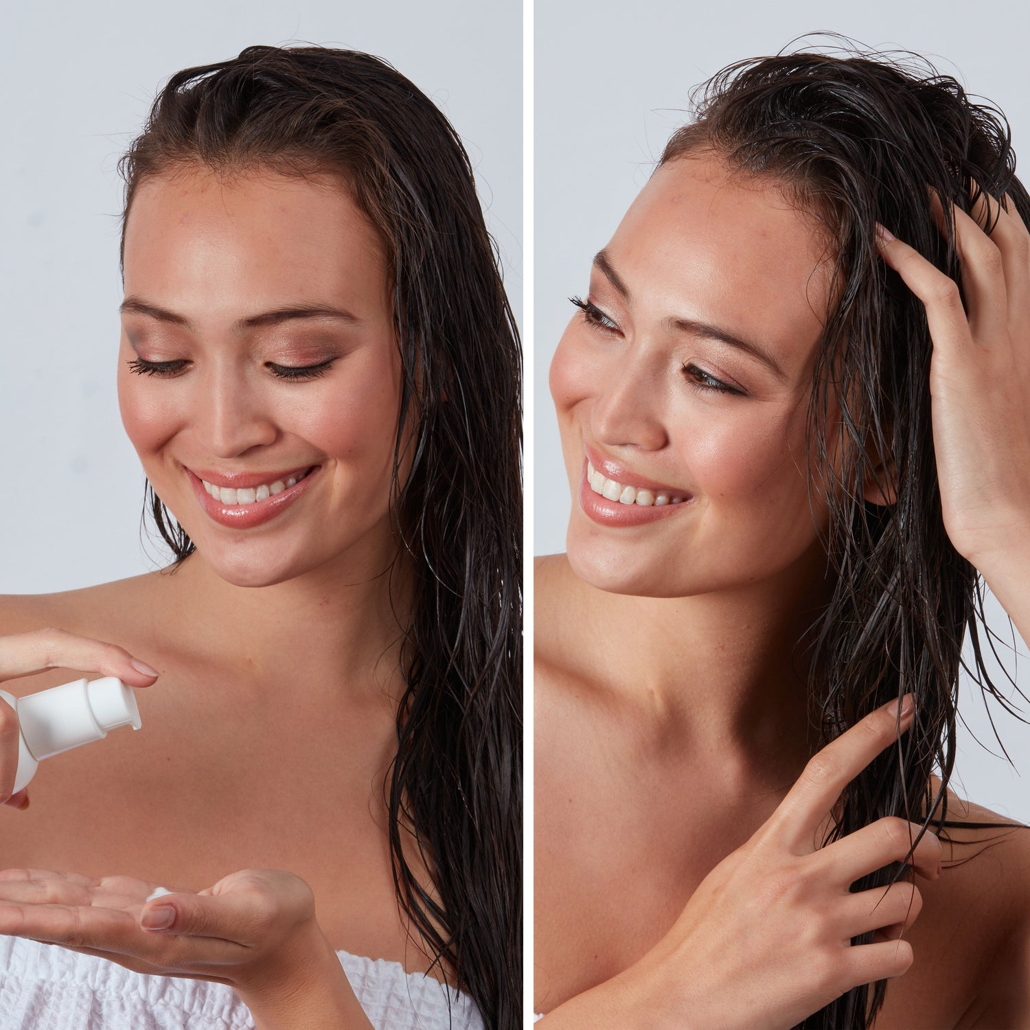 Woman applying leave-in and overnight treatment to her hair. 