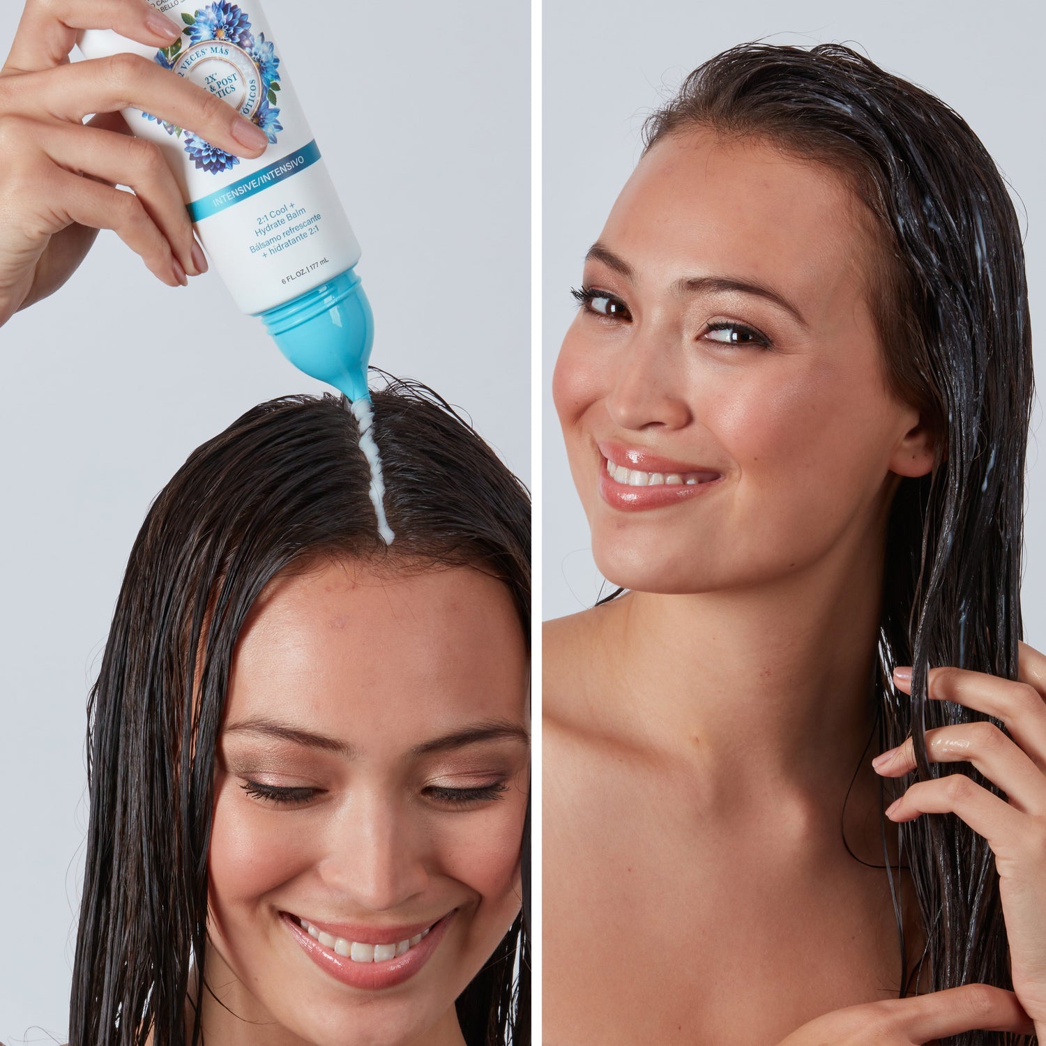 Woman applying balm directly to scalp and applying through hair.