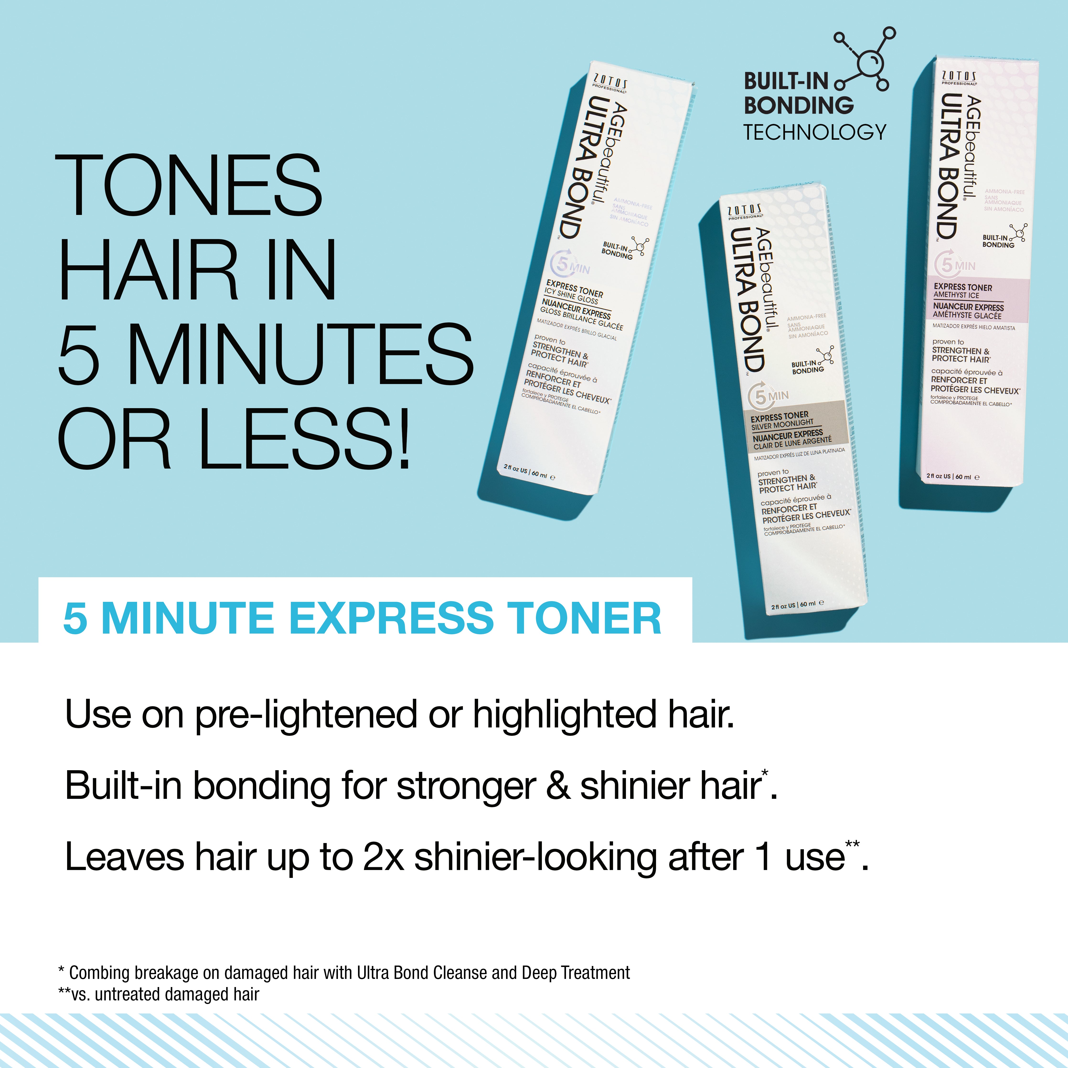Tones hair in 5 minutes or less. Use on pre-lightened or highlighted hair. Built-in bonding for stronger and shinier hair. Leaves hair up to 2X shinier-looking after 1 use. 