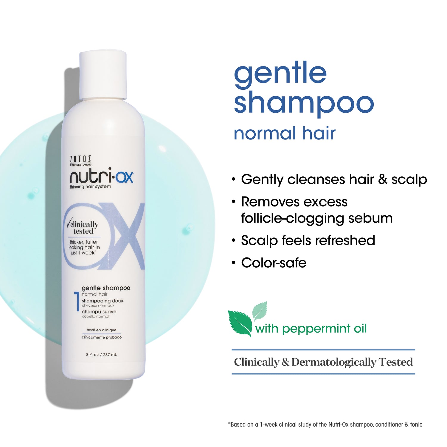 Gentle shampoo for normal hair gently cleanses hair and scalp, removes excess follicle-clogging sebum, scalp feels refreshed, color-safe.