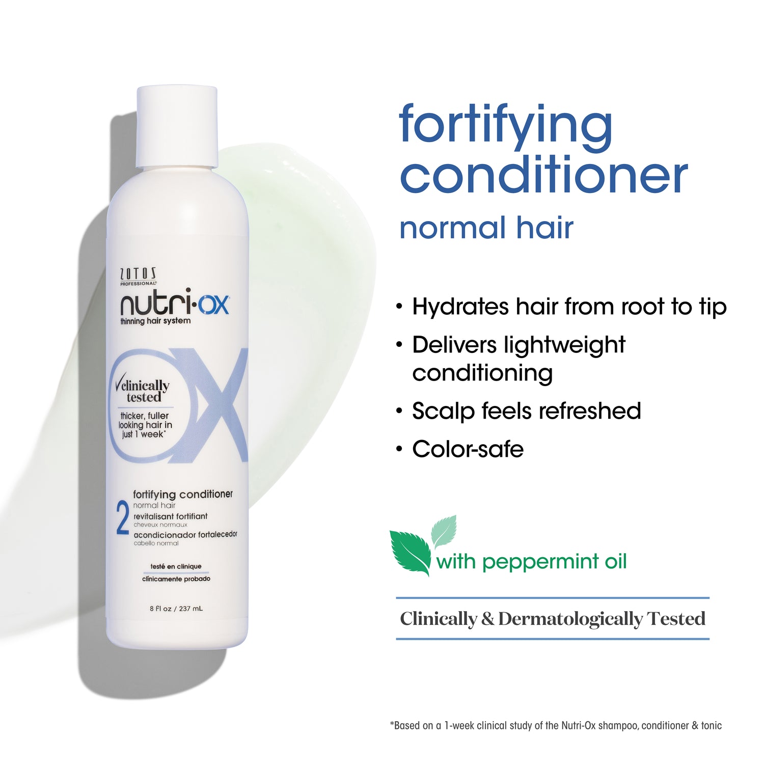 Fortifying conditioner for normal hair. It hydrates hair from root to tip, delivers lightweight conditioning, scalp feels refreshed, color-safe.