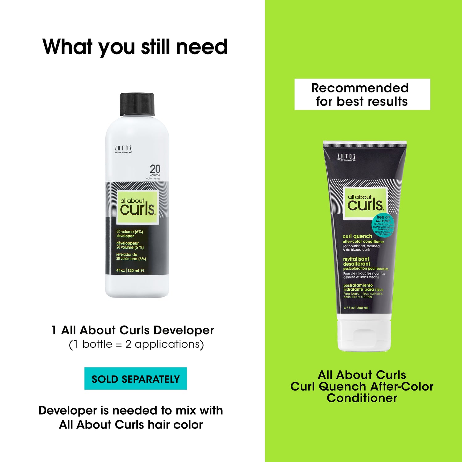 What you still need: 1 All About Curls Developer (1 bottle=2 applications). Developer is needed to mix with All About Curls hair color. In addition, it is recommended to use the All About Curls Curl Quench After-Color Conditioner.