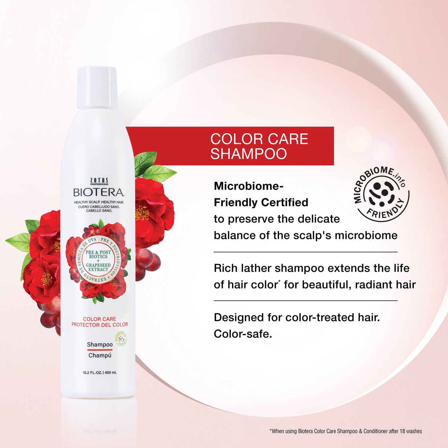 Color Care Shampoo is Microbiome-Friendly Certified to preserve the delicate balance of the scalp's microbiome. Rich lather shampoo extends the life of hair color for beautiful, radiant hair. Designed for color-treated hair. Color safe.