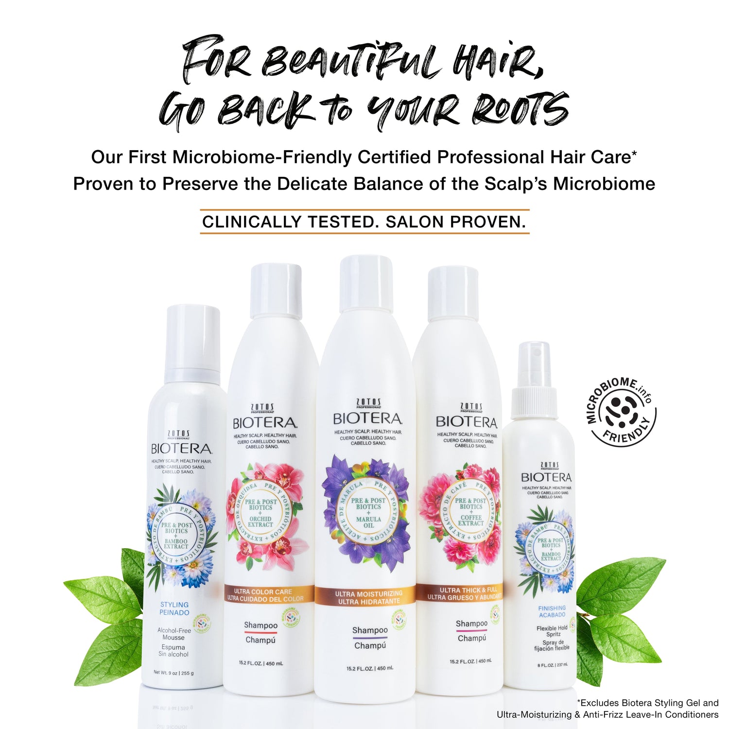 For beautiful hair, go back to your roots. Biotera is Zotos Professional’s first microbiome-friendly certified professional hair care proven to preserve the delicate balance of the scalp's microbiome. Clinically tested, salon proven. Image of shampoos, conditioners and stylers. 