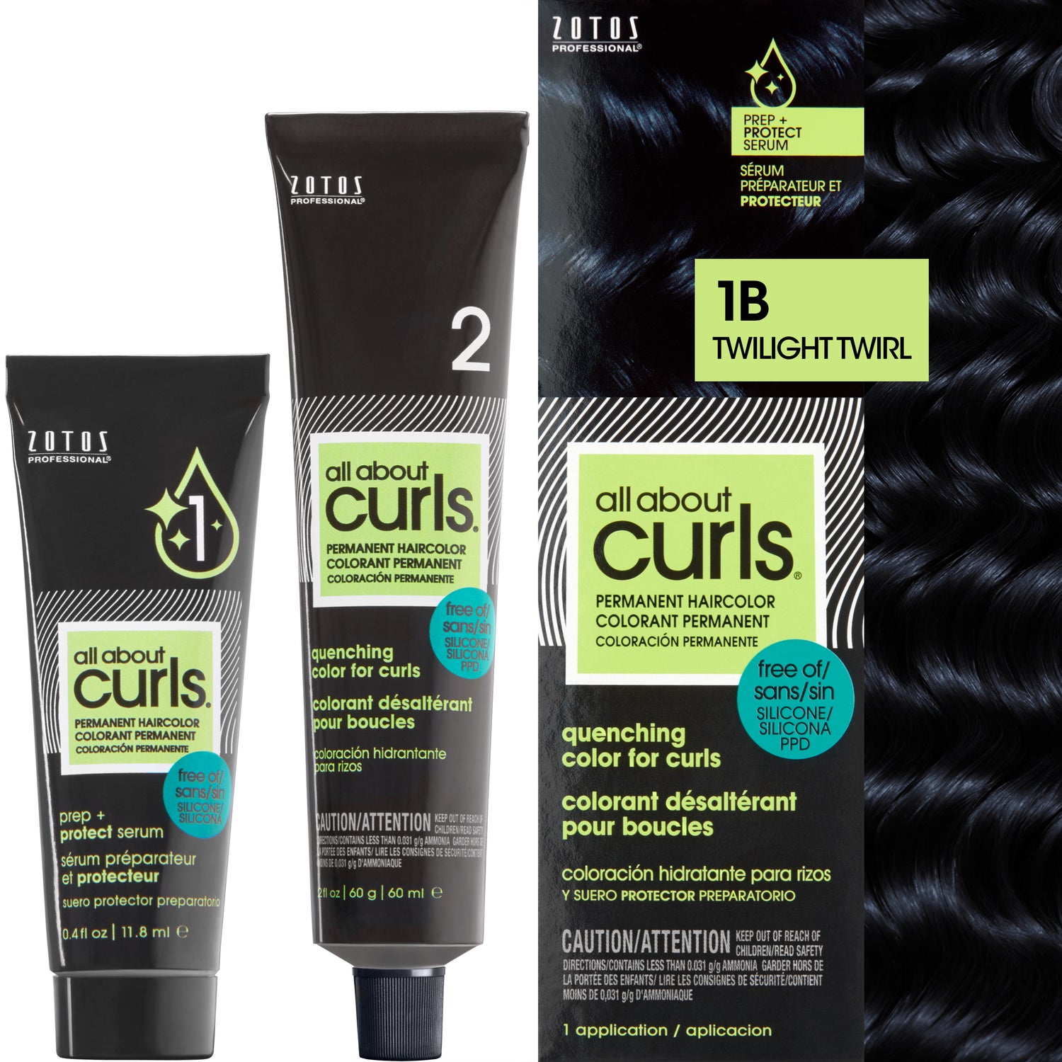 Two bottles and packaging for All About Curls Permanent Color in shade 1B Twilight Twirl.
