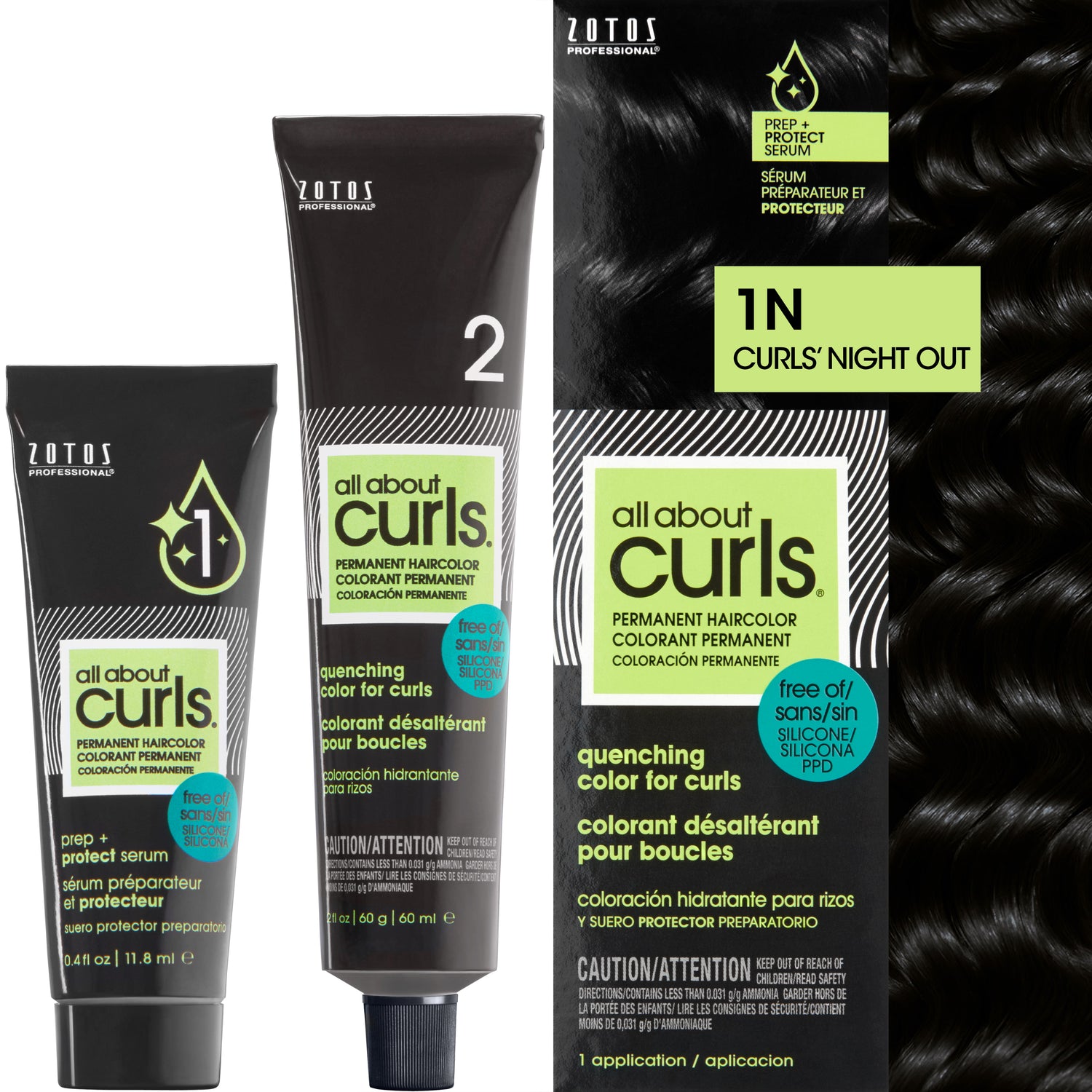 Two bottles and packaging for All About Curls Permanent Color in shade 1N Curls' Night Out.