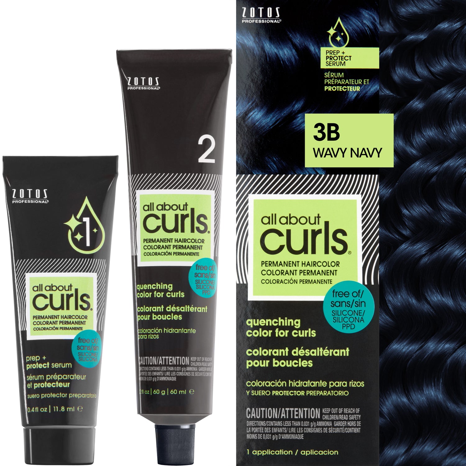 Two bottles and packaging for All About Curls Permanent Color in shade 3B Wavy Navy.