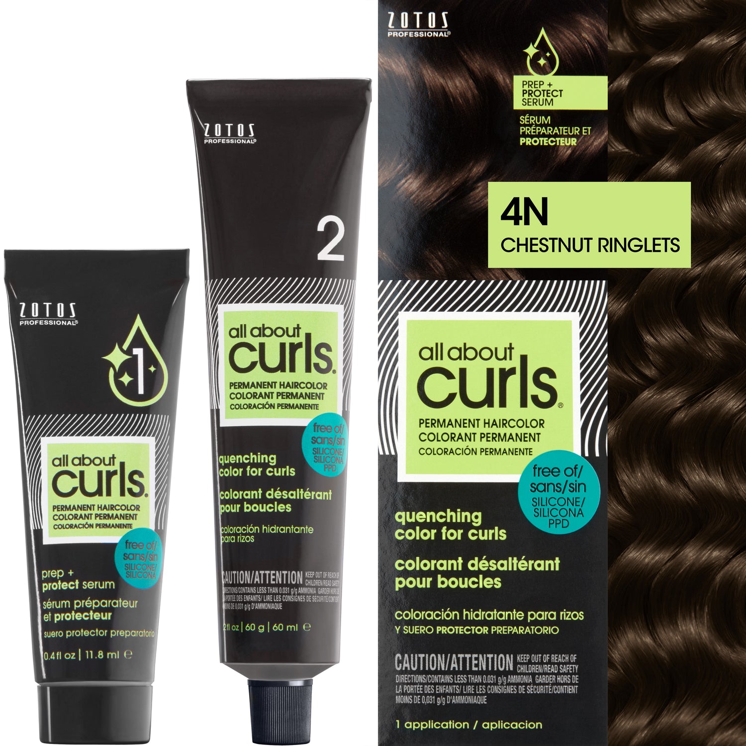 Two bottles and packaging for All About Curls Permanent Color in shade 4N Chestnut Ringlets.