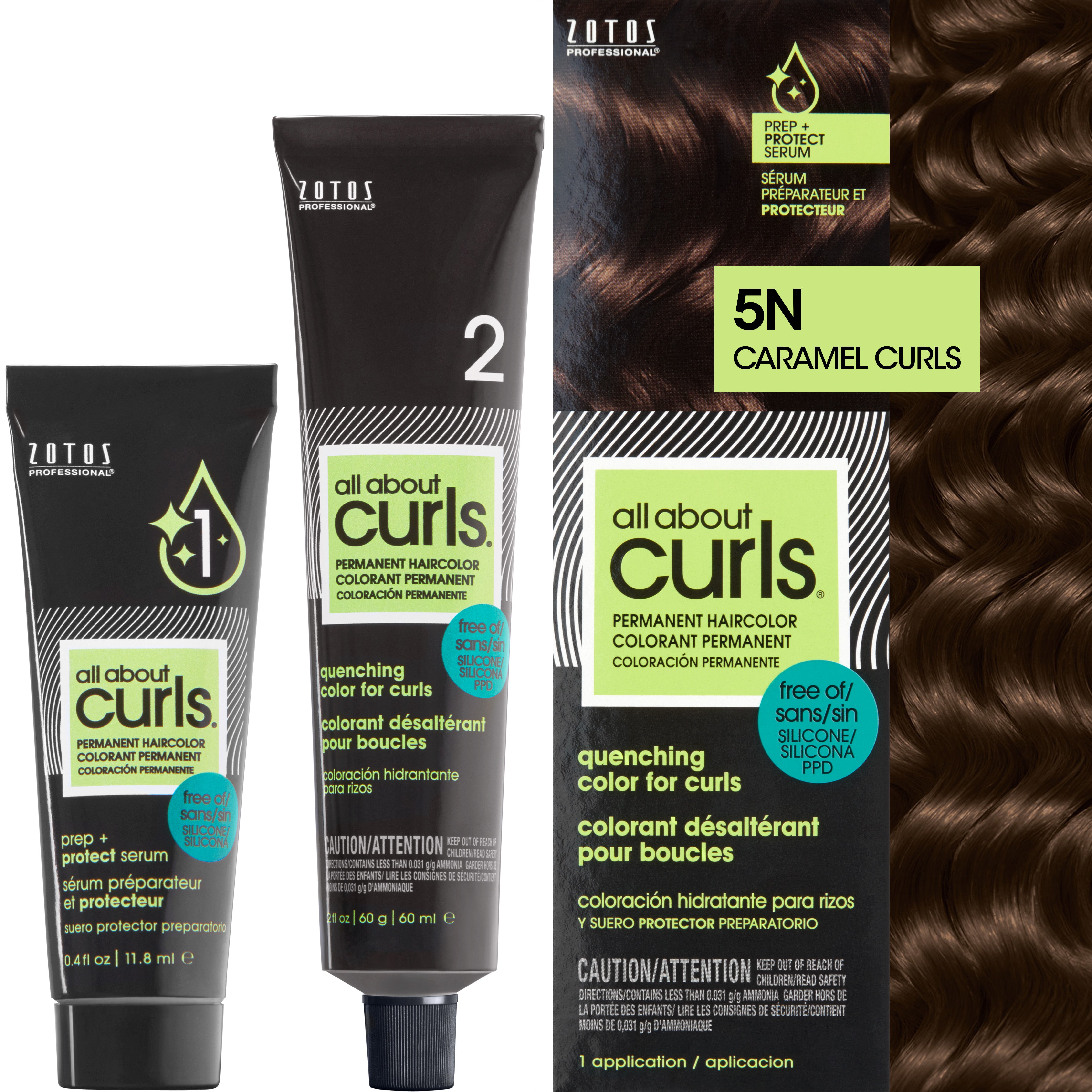 Two bottles and packaging for All About Curls Permanent Color in shade 5N Caramel Curls.