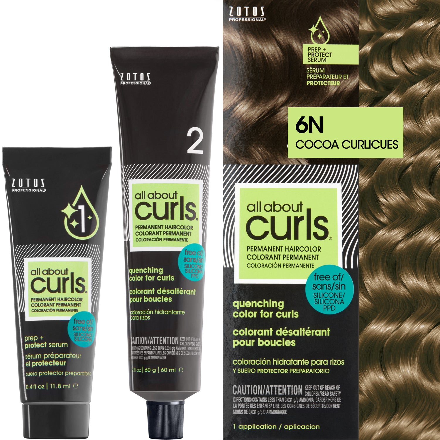 Two bottles and packaging for All About Curls Permanent Color in shade 6N Cocoa Curlicues. 