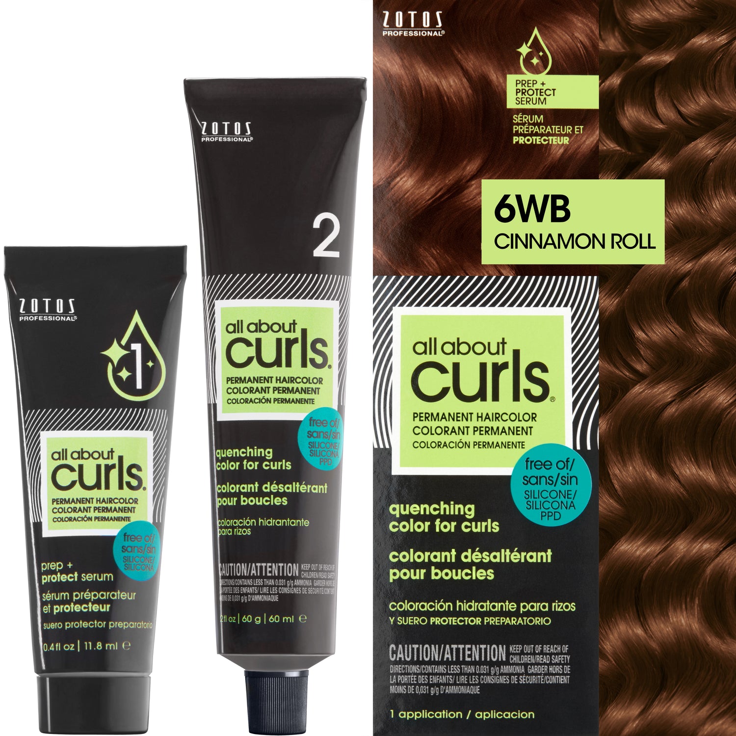 Two bottles and packaging for All About Curls Permanent Color in shade 6WB Cinnamon Roll.